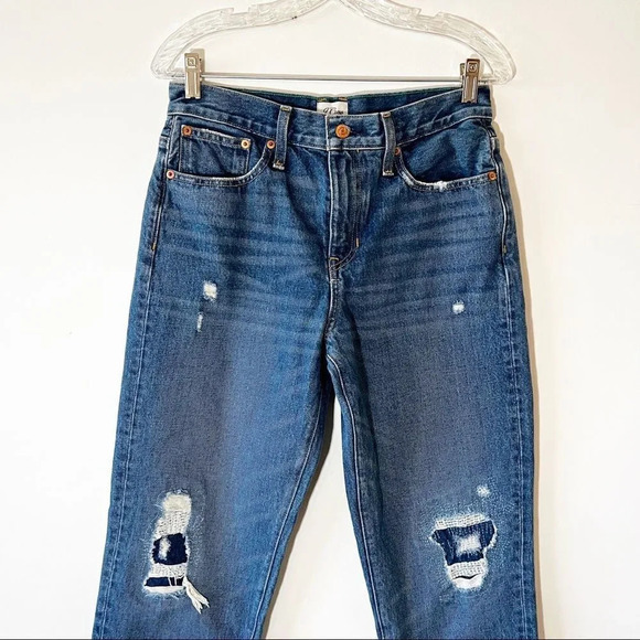 J Crew Slouchy Boyfriend Jeans 26 Tall Medium Wash Distressed Patches Embroidery - Picture 6 of 12